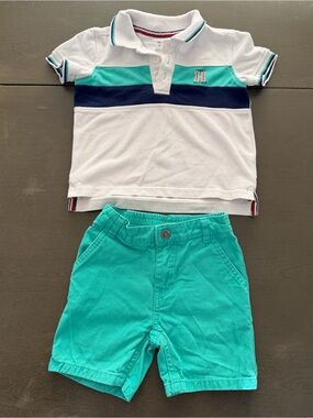 Toddler Tommy Hilfiger White Polo & Teal Shorts Set Size 18 Months Boys